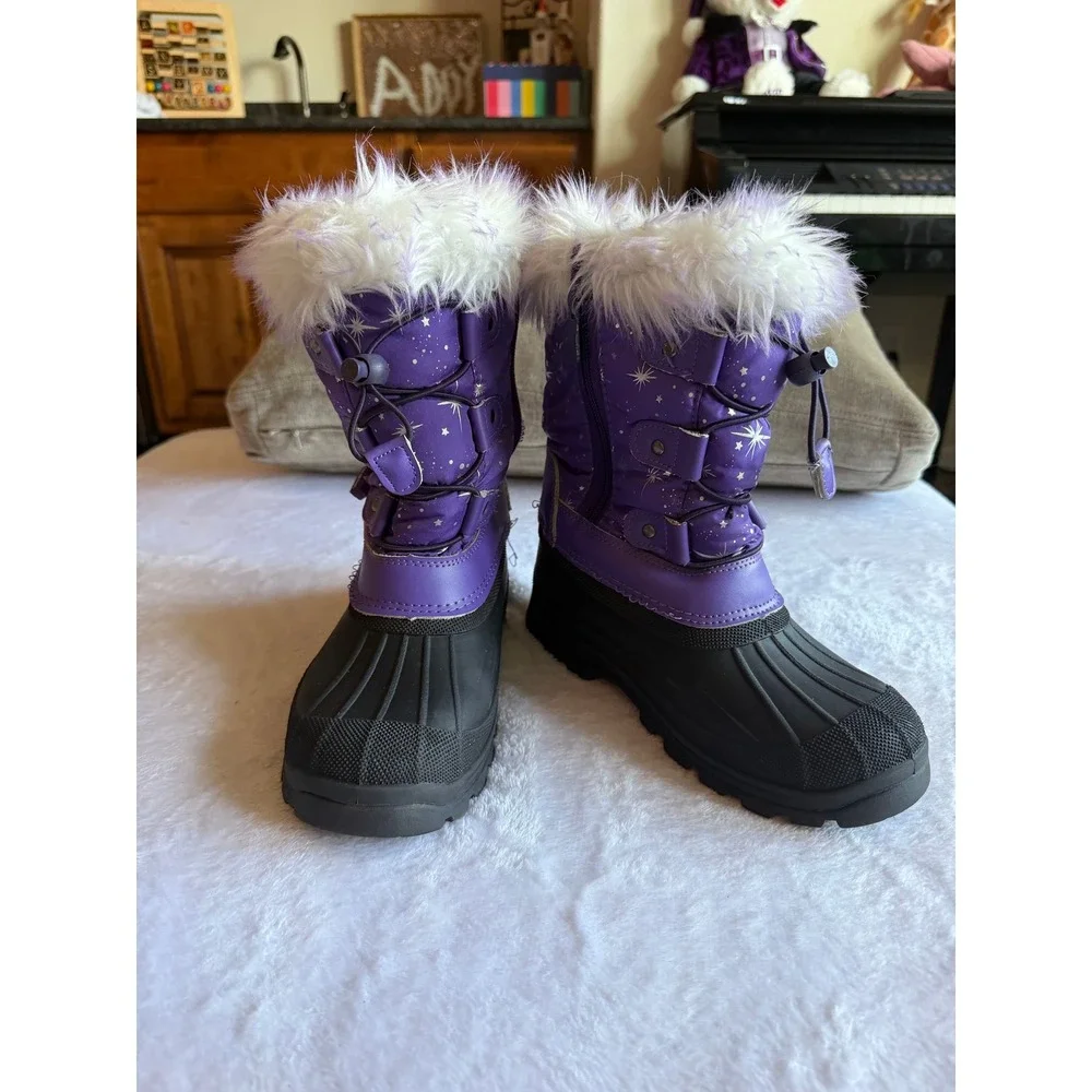 Dream Pairs Girls Purple Silver Star Insulated Snow Boots Faux Fur Size 2 Kids